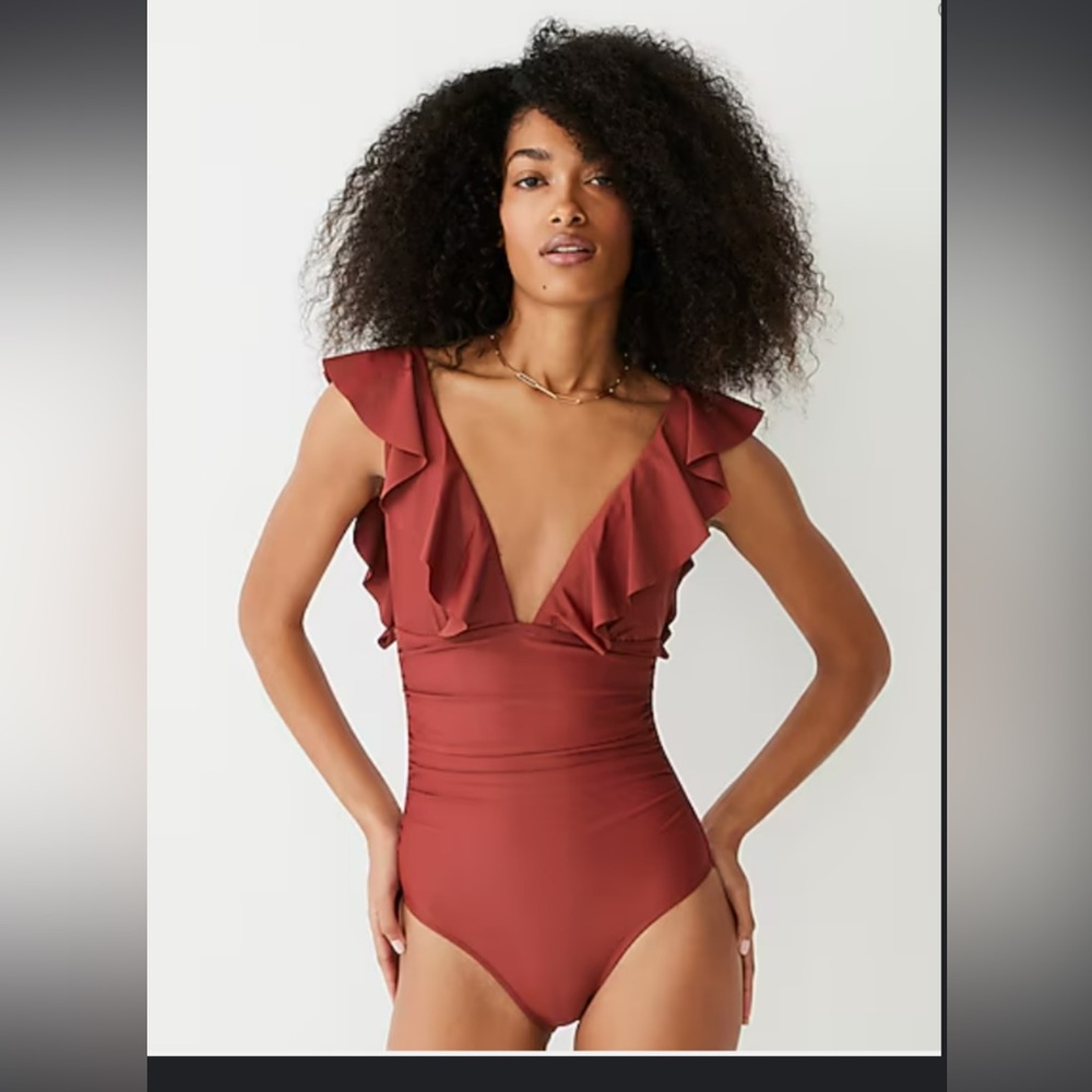 J. Crew  Ruched ruffle one-piece swimsuit in warm chimney